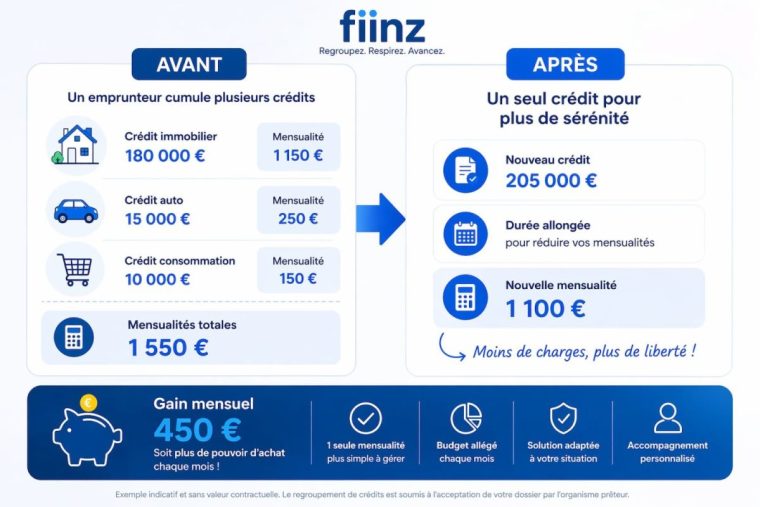Illustration d’un regroupement de crédits avec comparaison avant et après : plusieurs prêts regroupés en un seul crédit avec mensualité réduite.